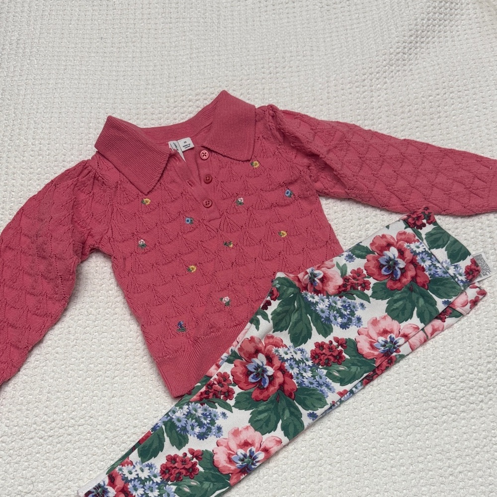 Janie and Jack Pink Sweater and Floral Leggings Set
